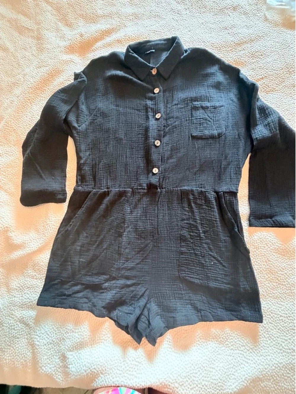 Vonda Black Cotton Gauze Button-Front Romper Cover-Up 4XL